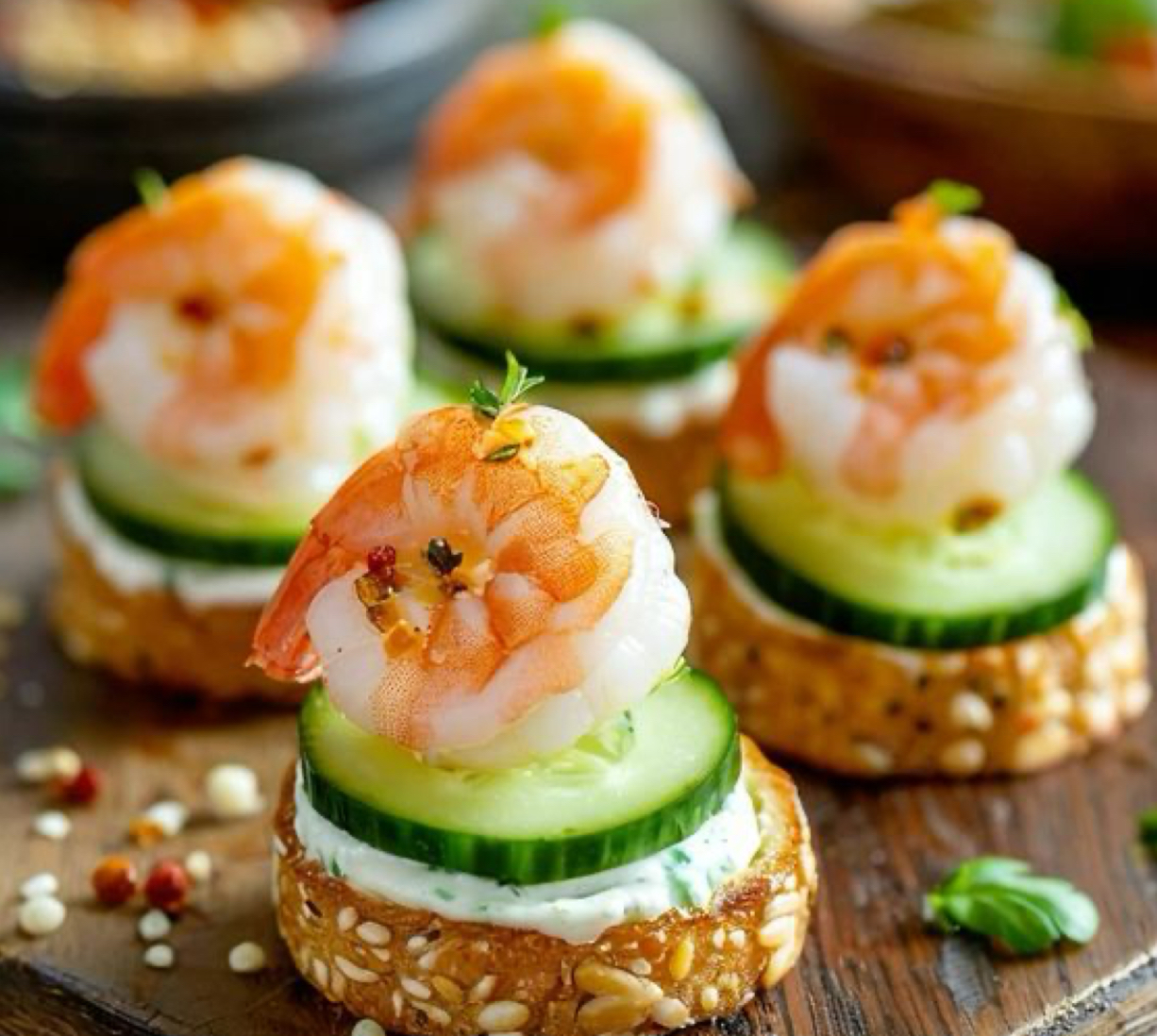 Shrimp with cucumber and cream cheese on a cracker base.